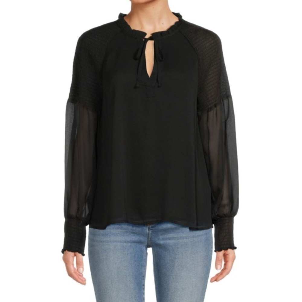 Ellen Tracy Blouse Womens Size M Black New Smocked Sheer Sleeve Keyhole Top